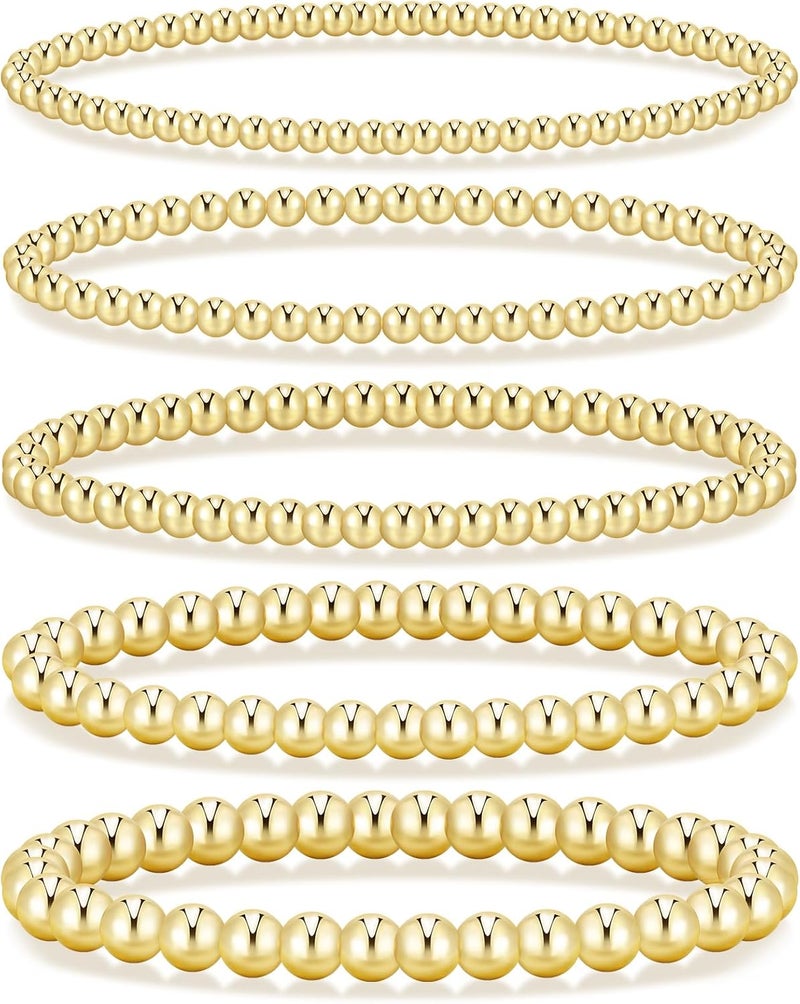 17mile Gold Beaded Bracelets for Women, 5 Pcs Dainty 14K Gold Plated Chunky Stretch Bead Ball Bracelet Stack - Image 1